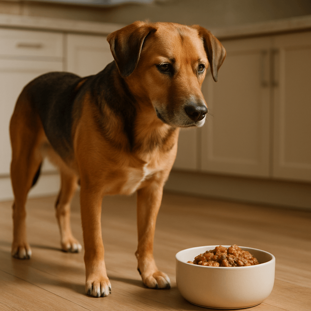 Chien adulte mangeant de la nourriture humide dans sa gamelle